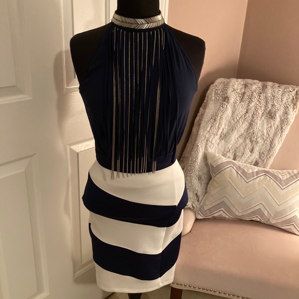 Navy & White skirt open back dress